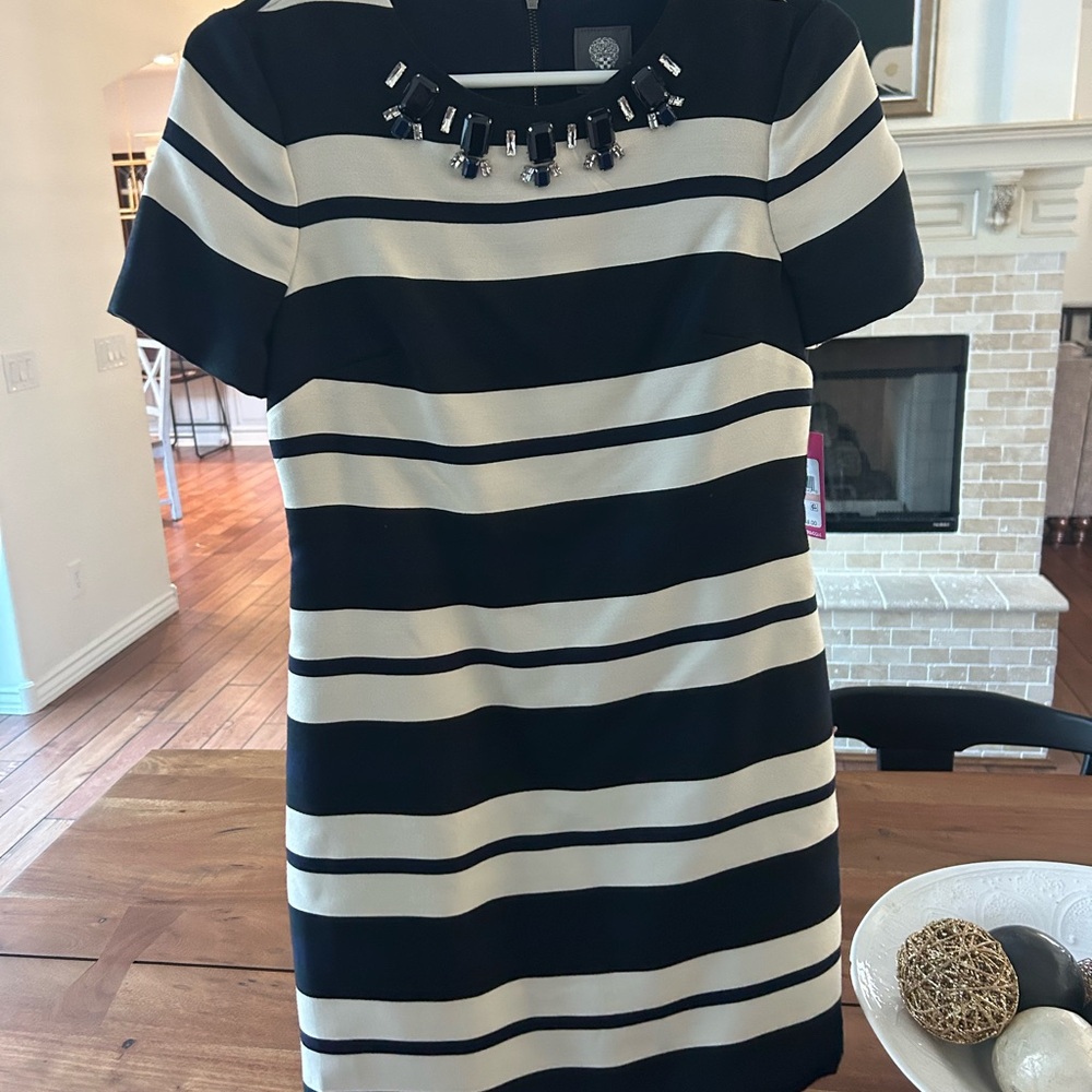 Vince Camuto Striped Dress with Embellished Neckline